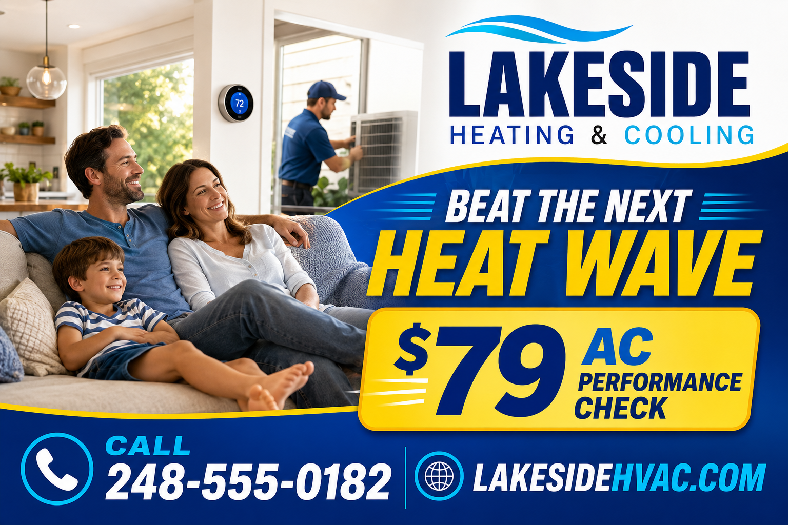 Vibrant Lakeside Heating and Cooling postcard offering a $79 AC performance check