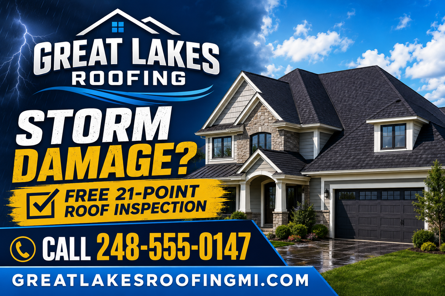 Vibrant Great Lakes Roofing postcard offering a free 21-point roof inspection